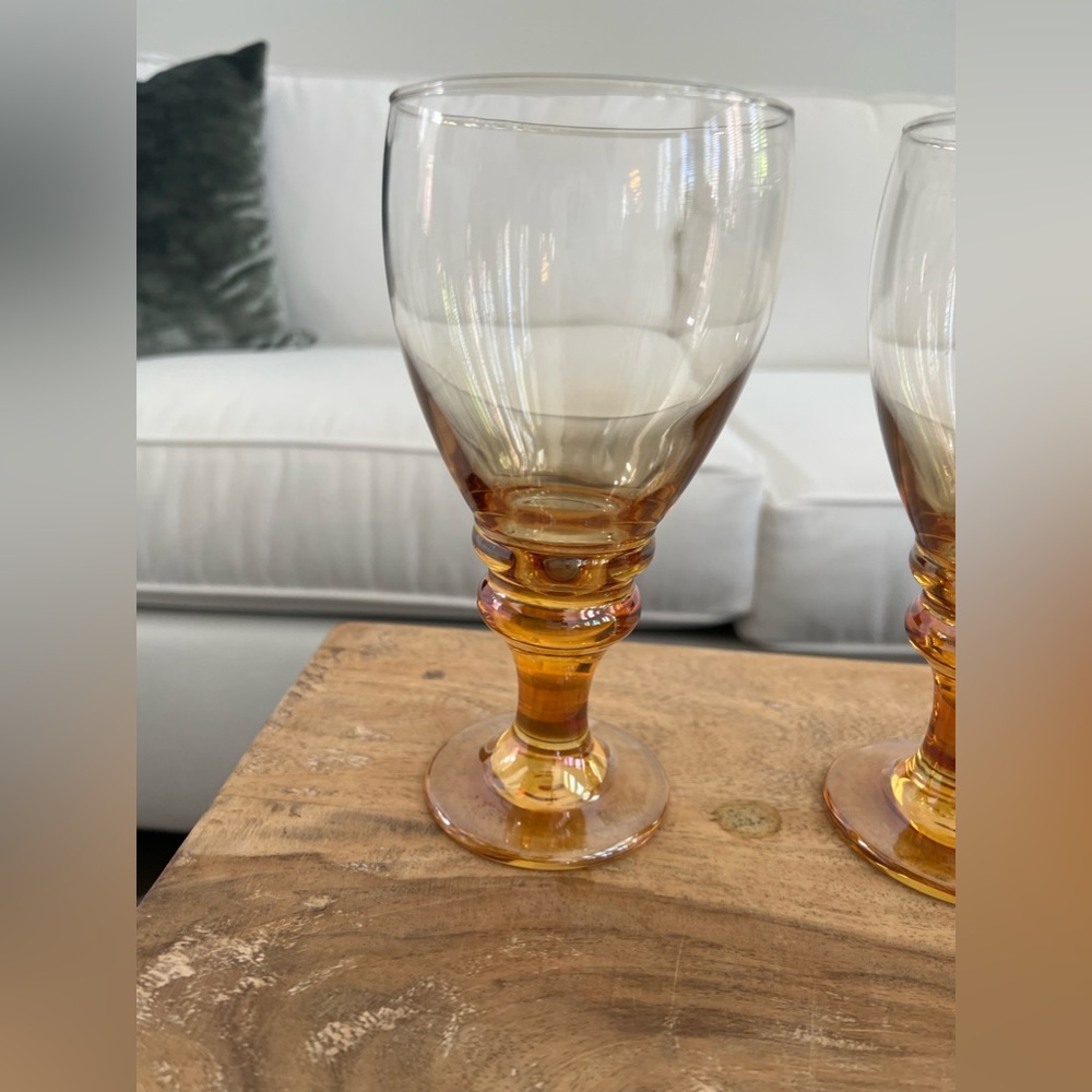 Vintage Amber Crystal Goblets. Set of 4, Large, Iridescent Gold